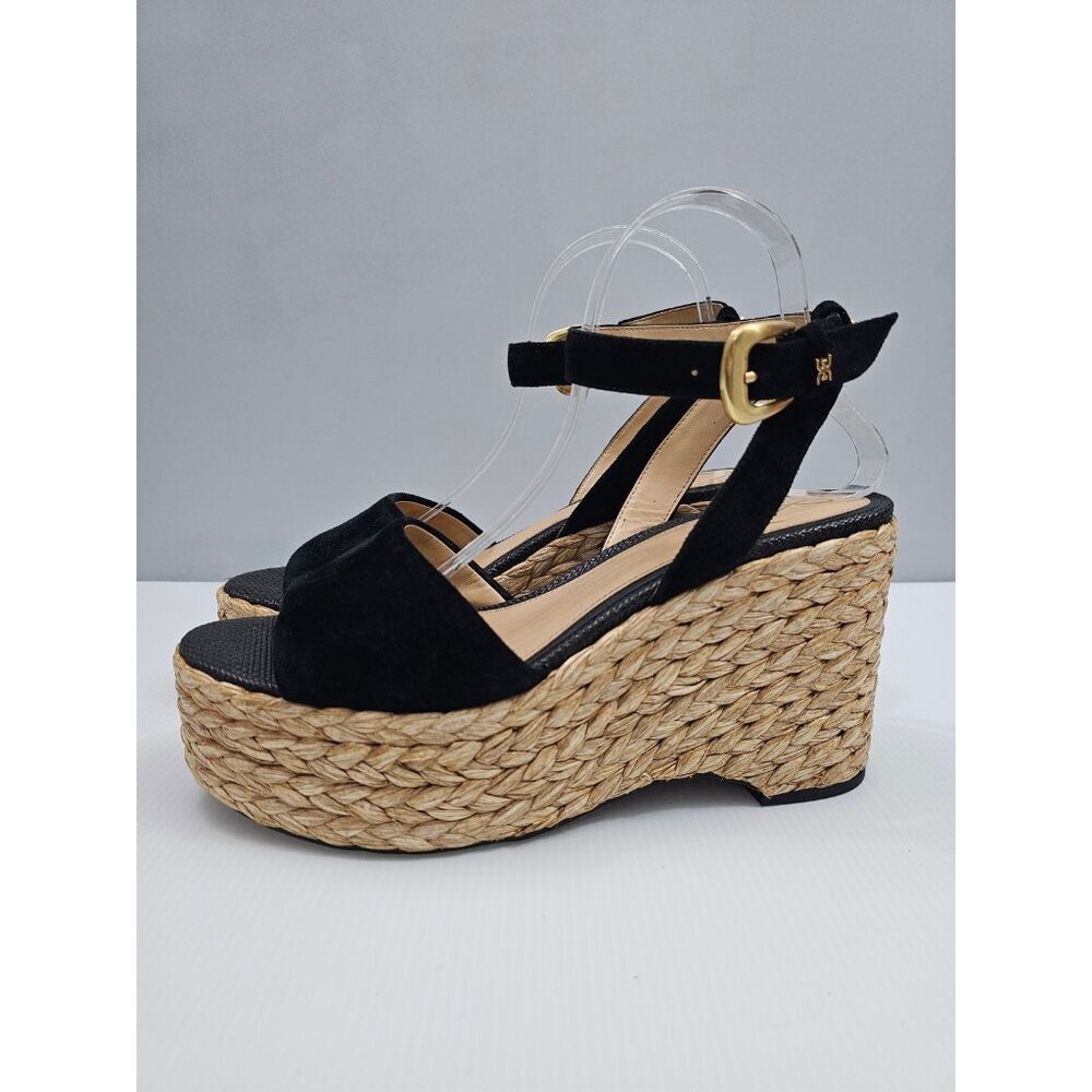 Sam Edelman April Espadrille Wedge Sandal Womens 10.5 Black Raffia Platform NEW